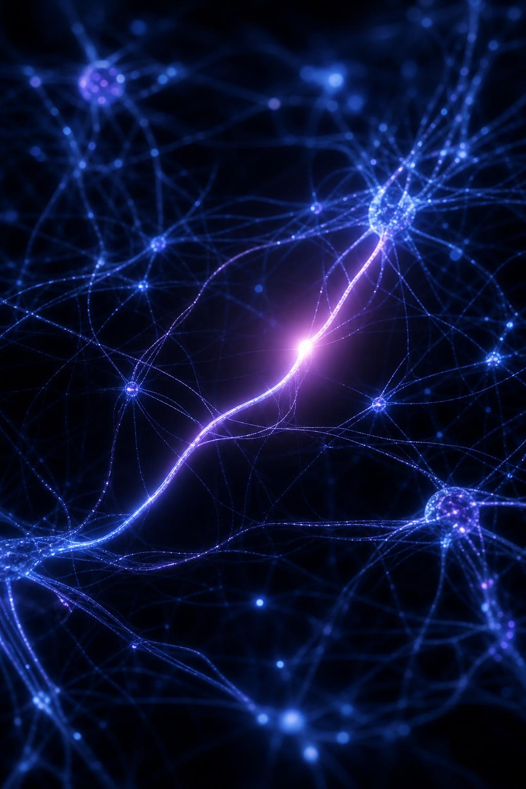 Abstract glowing blue and violet neural network with one bright thread — visual metaphor for AI surfacing the one signal that matters
