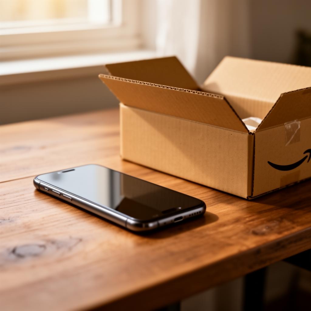 A phone resting beside an unopened Amazon-style cardboard box on a warmly lit wooden desk