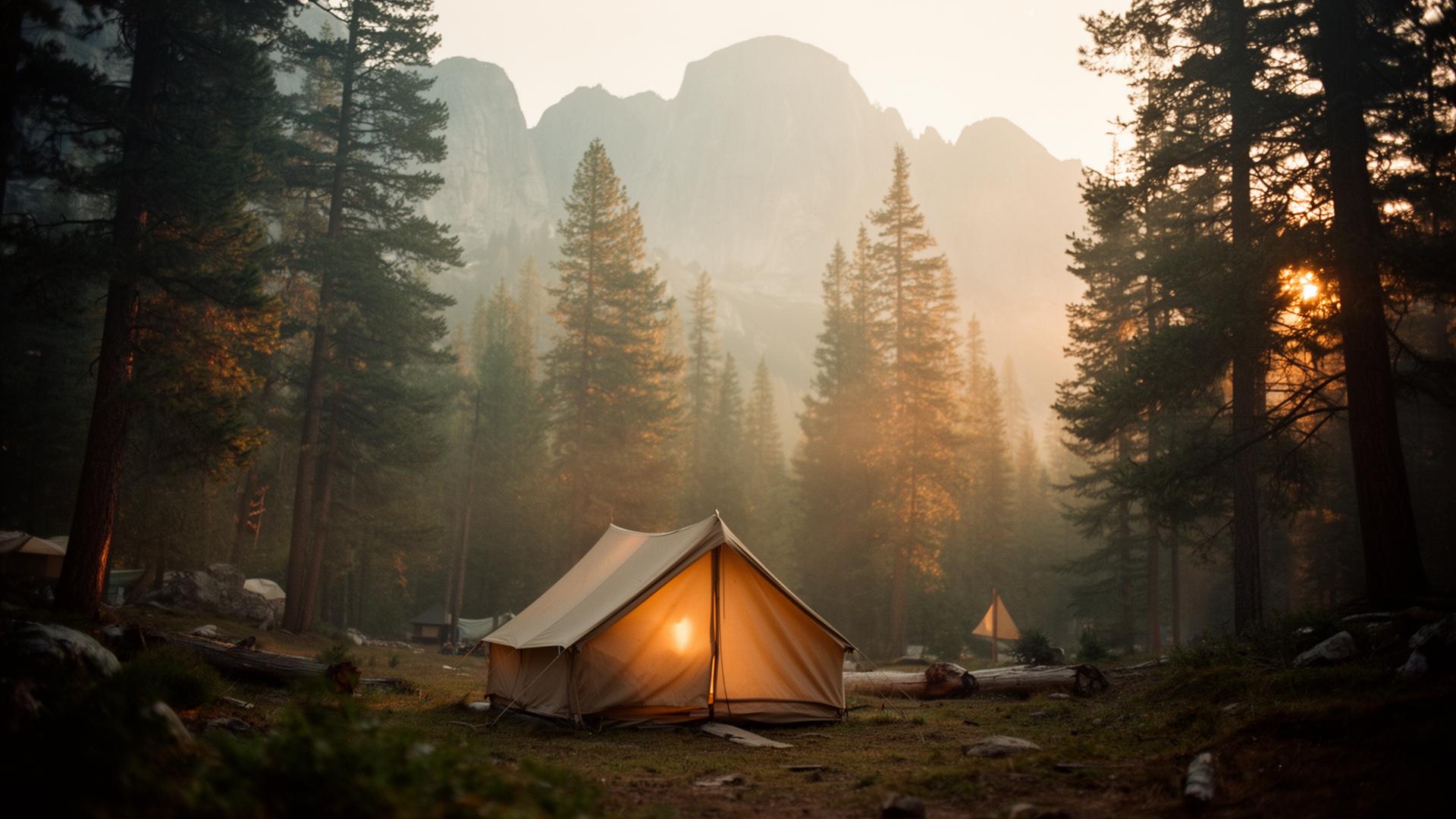 A canvas tent glowing at dawn in a misty pine forest