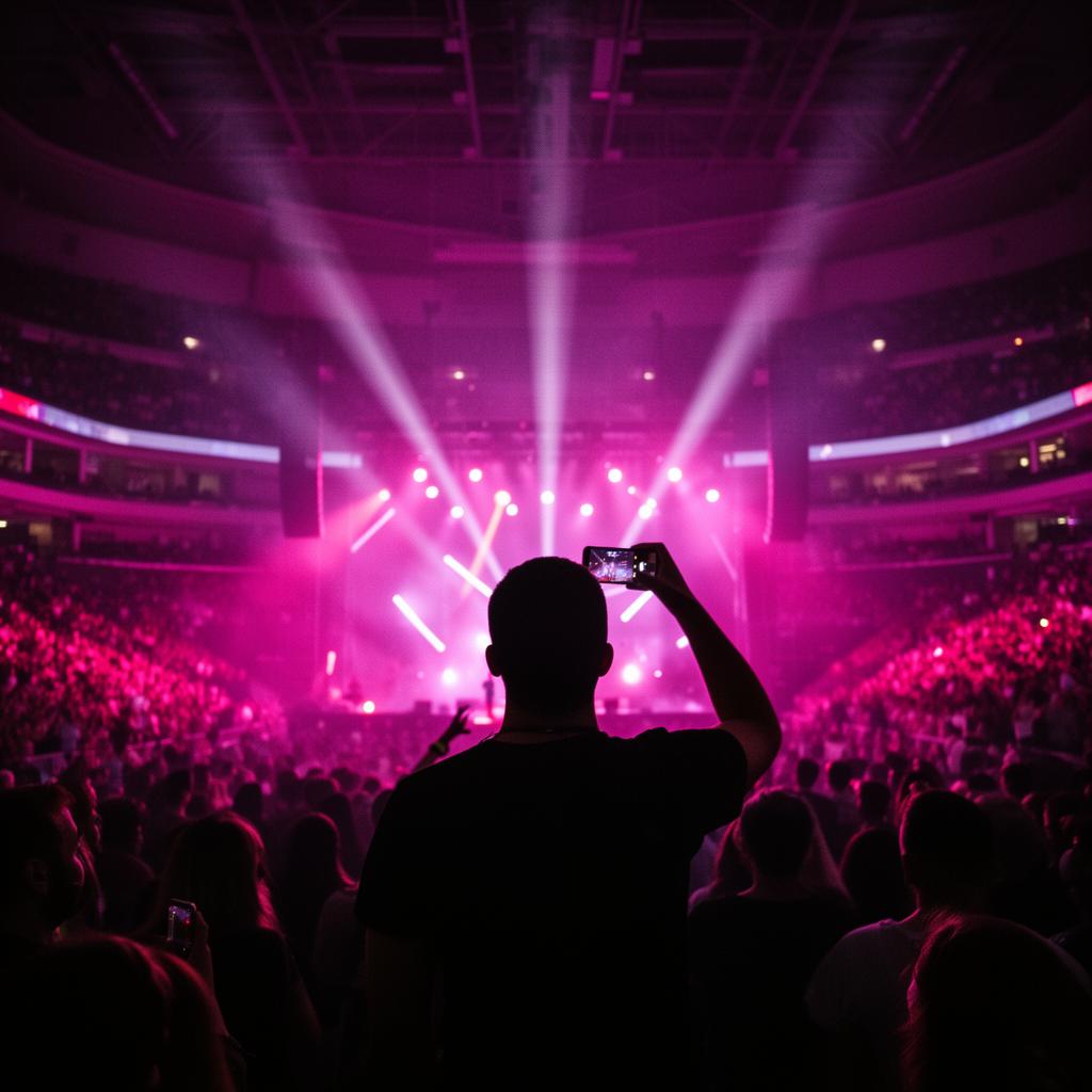 A fan holding up a phone in an arena lit with pink stage lights