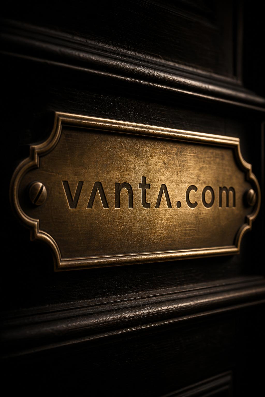 A polished brass nameplate engraved with a wordmark, mounted on a dark wooden door — visual metaphor for finally claiming a coveted .com