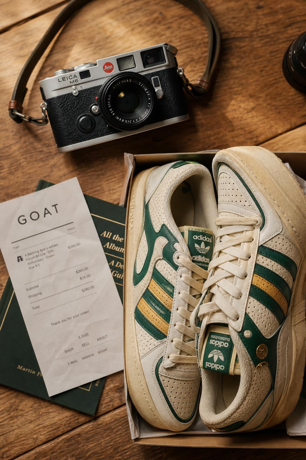 A vintage Leica M6 camera and a boxed pair of rare collectible sneakers laid flat on warm wood — the kind of find that disappears fast on eBay