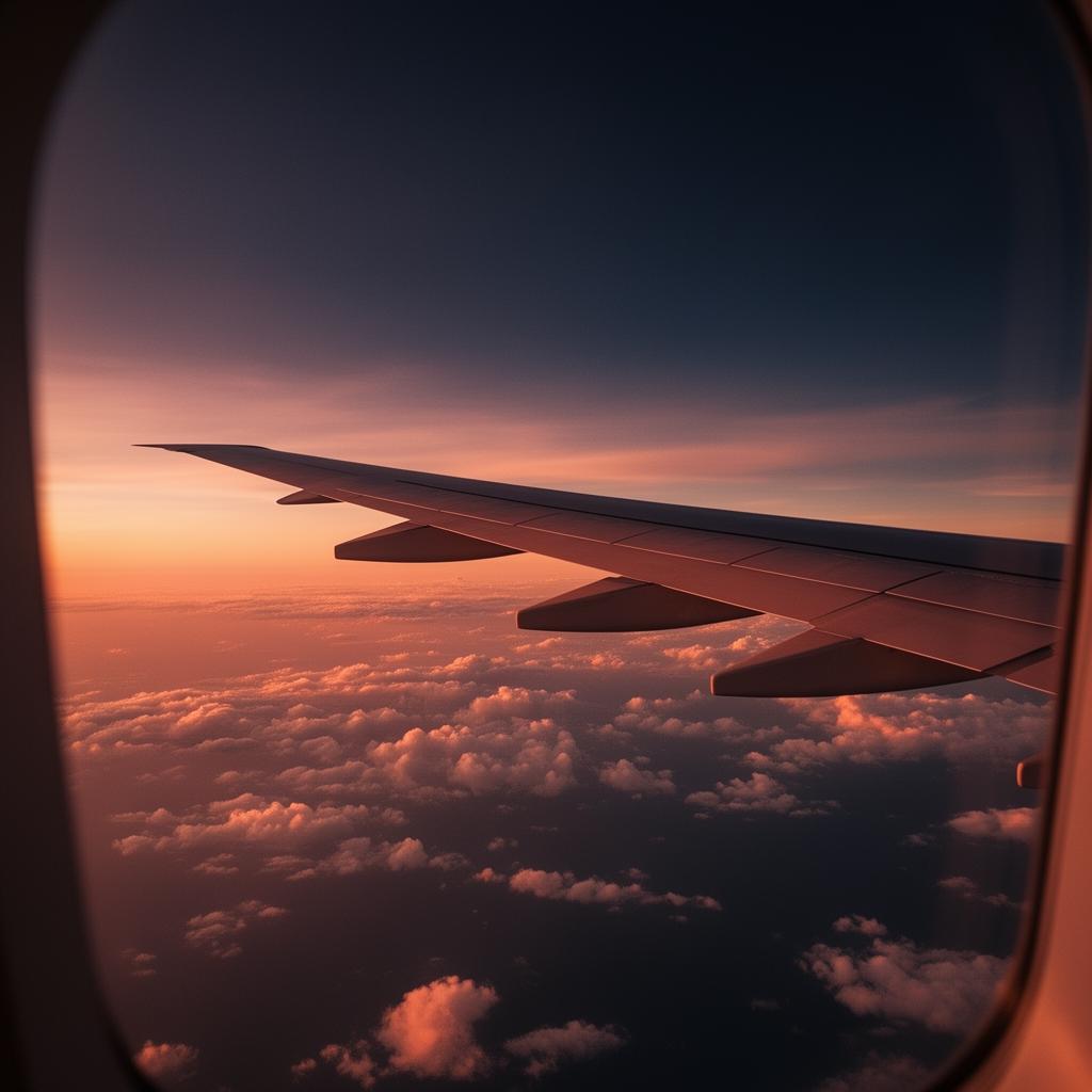 A wide airliner wing photographed from a window seat at dawn