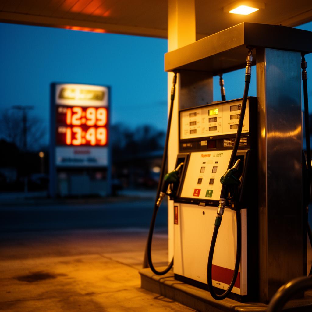 A gas station fuel pump at dusk, warm sodium lights glowing overhead, price sign blurred in the background