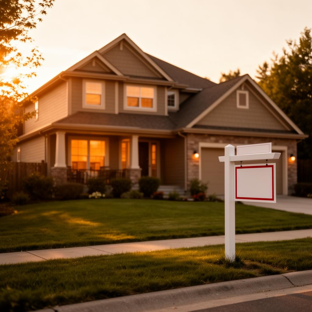 A welcoming suburban home at golden hour with a For Sale sign in the front yard