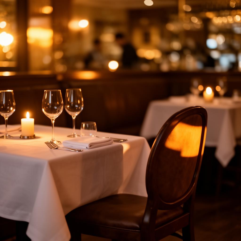 A candlelit dining table at a high-end restaurant at golden hour with an empty chair waiting