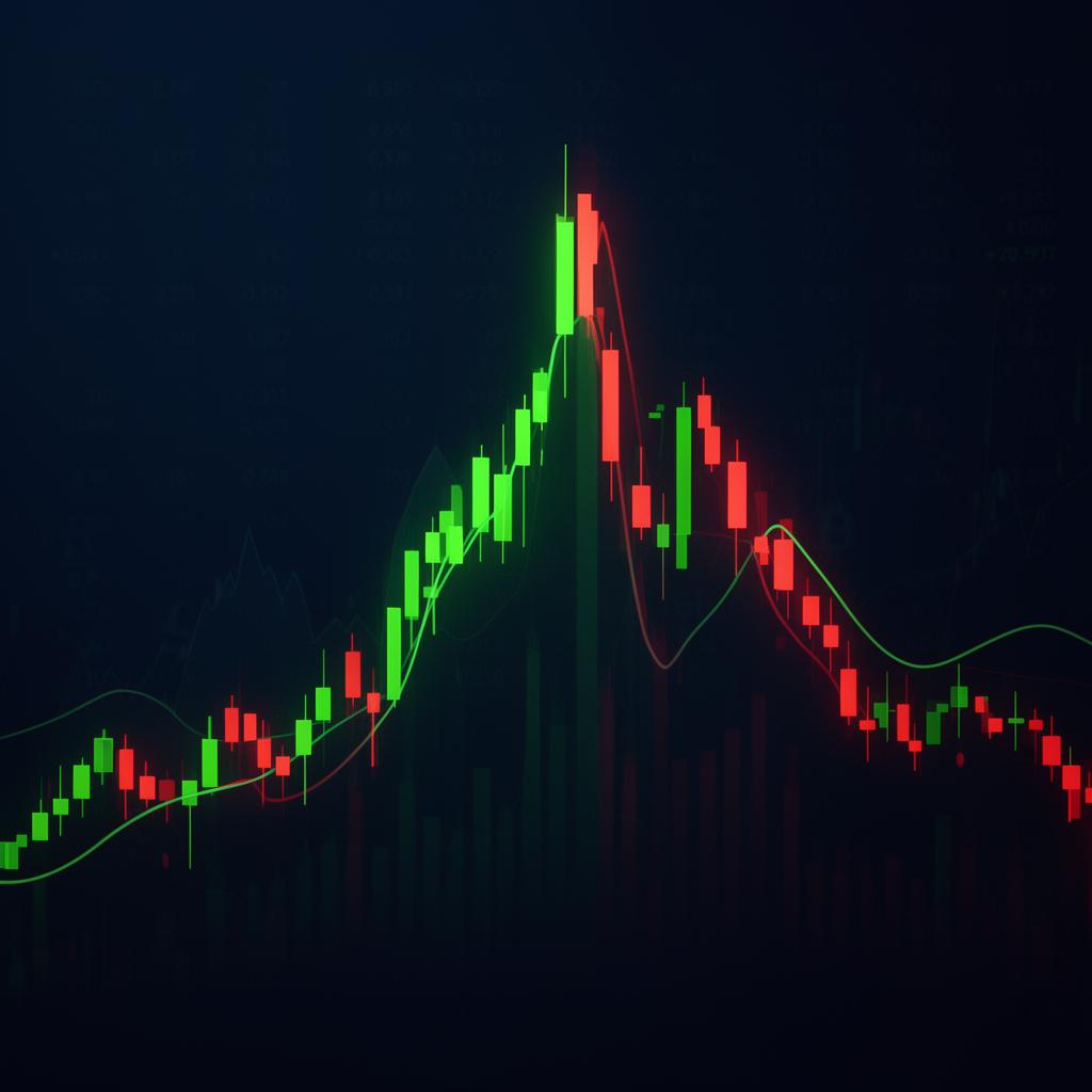 A glowing candlestick chart on a dark background showing a sharp peak and reversal