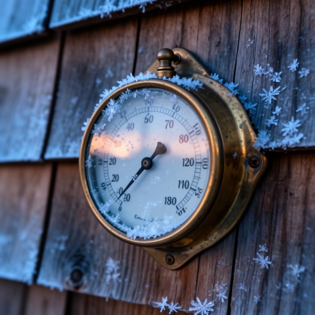A frost-covered brass thermometer on cedar siding at dawn — the first freeze of the season, the moment Netletz pings you about