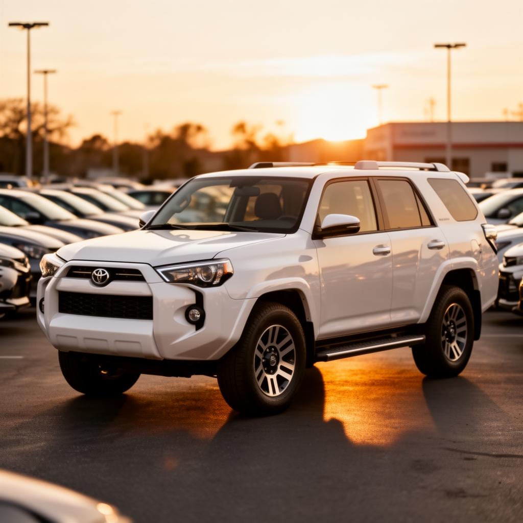 A clean white Toyota 4Runner parked on a dealership lot at sunset