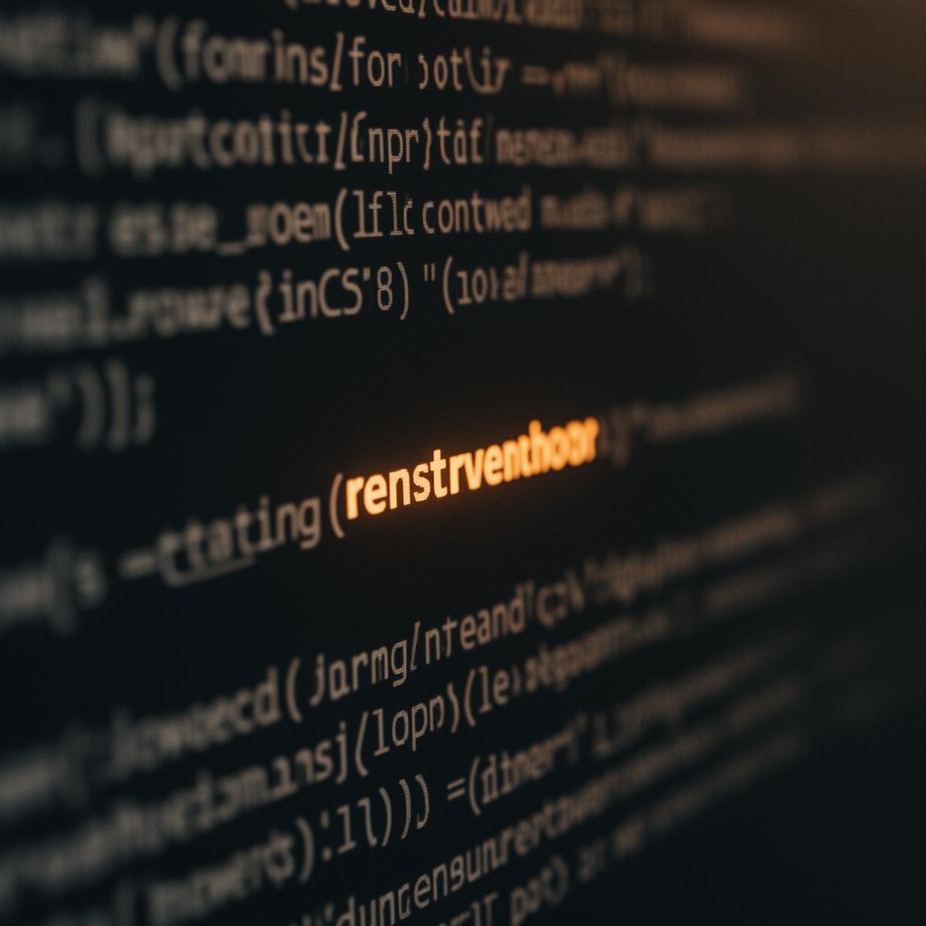 A close-up of code on a dark screen with one keyword glowing amber — the moment a watcher detects the word it was waiting for