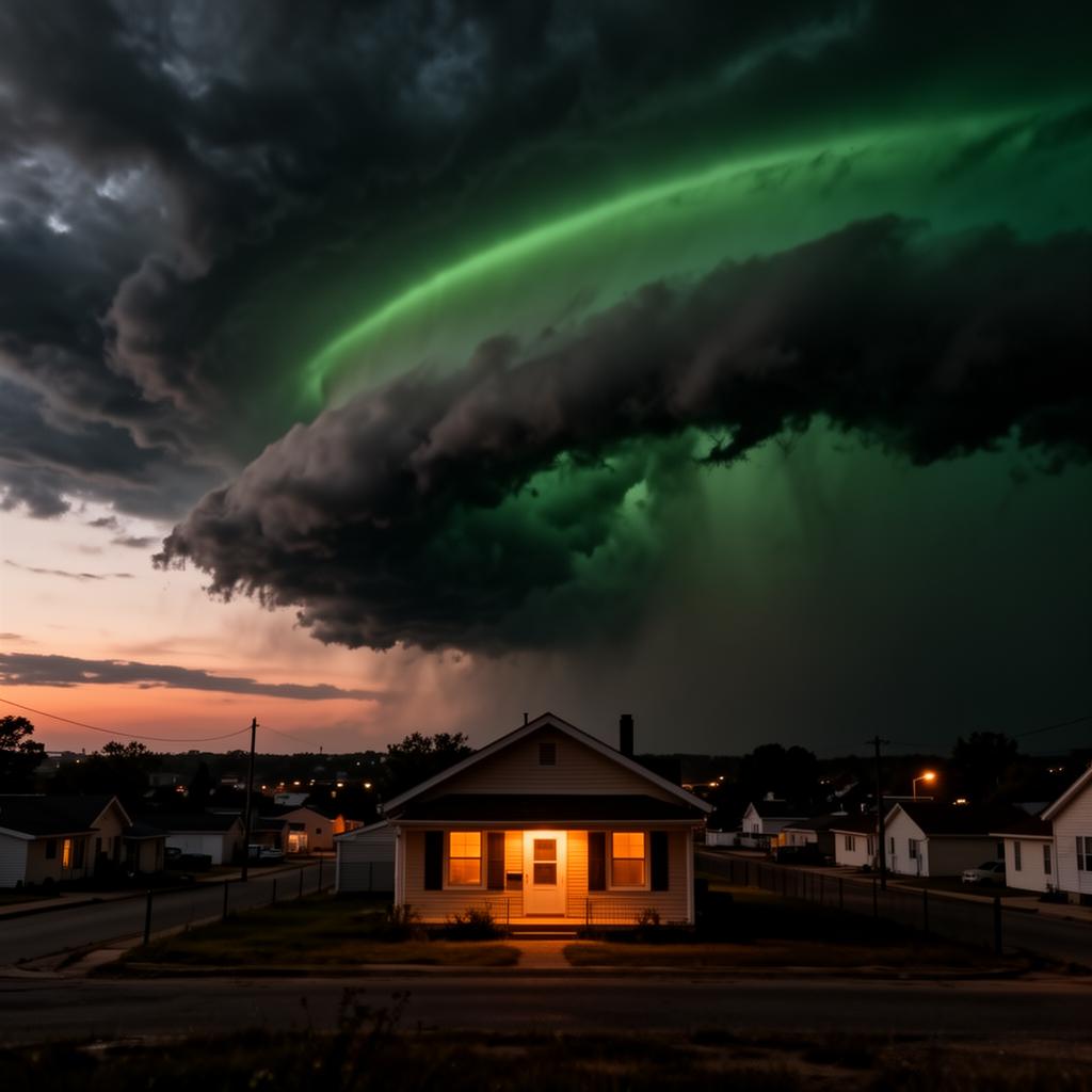 A dramatic green-tinged supercell thunderstorm rolling over a small American town at dusk